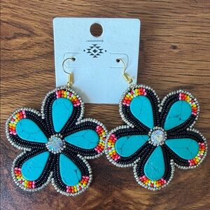 Turquoise Beaded Flower Earrings